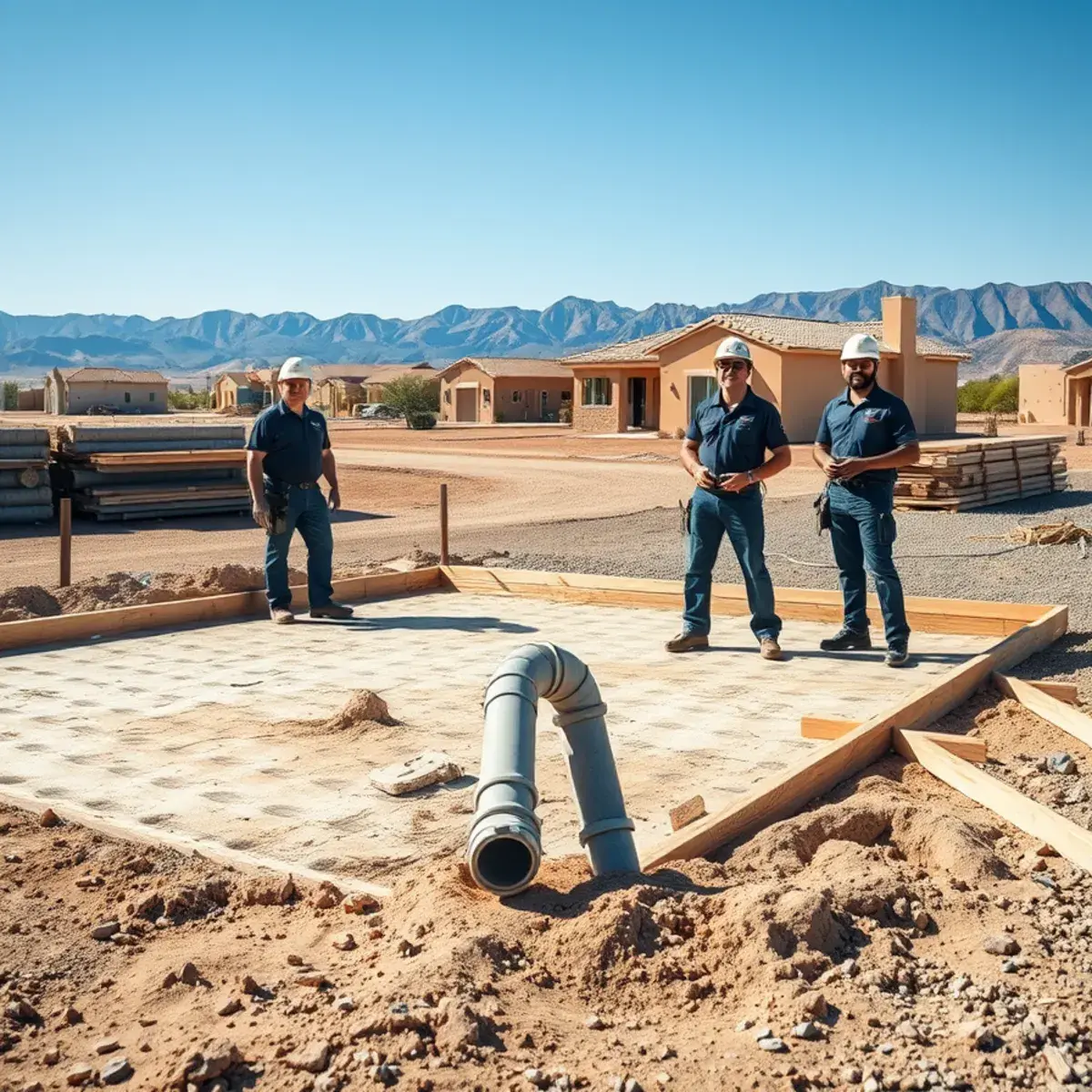 Plumbing underground rough-in before a slab pour at a new construction site in Pinal County, Arizona