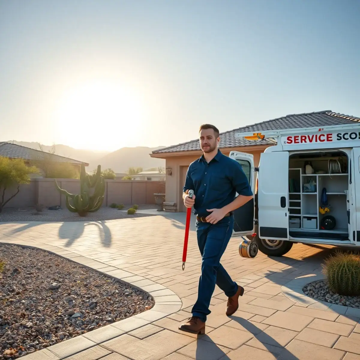 Economy Plumbers technician carrying tools to a San Tan Valley home with the San Tan Mountains behind